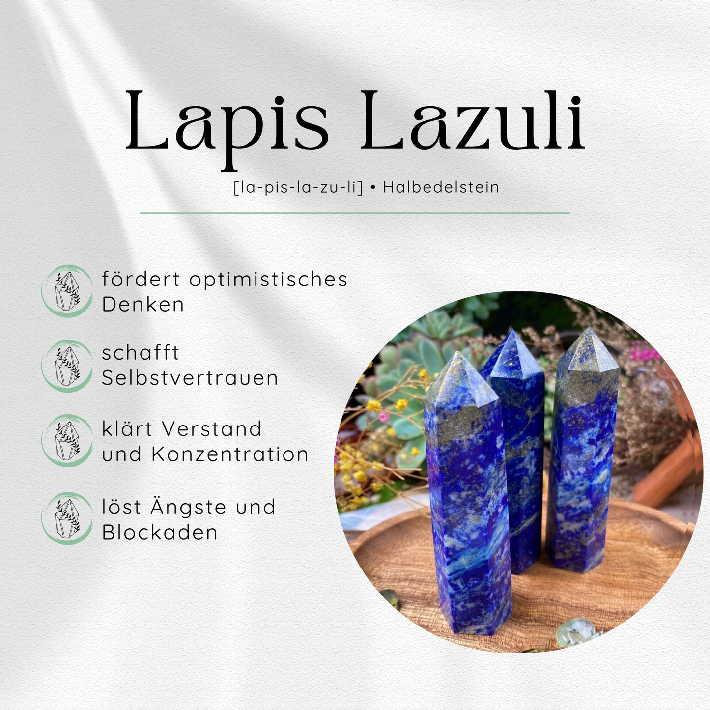 Übersichtsbild des Lapis-Lazuli Edelsteins mit vier wichtigsten Eigenschaften und Wirkungen.