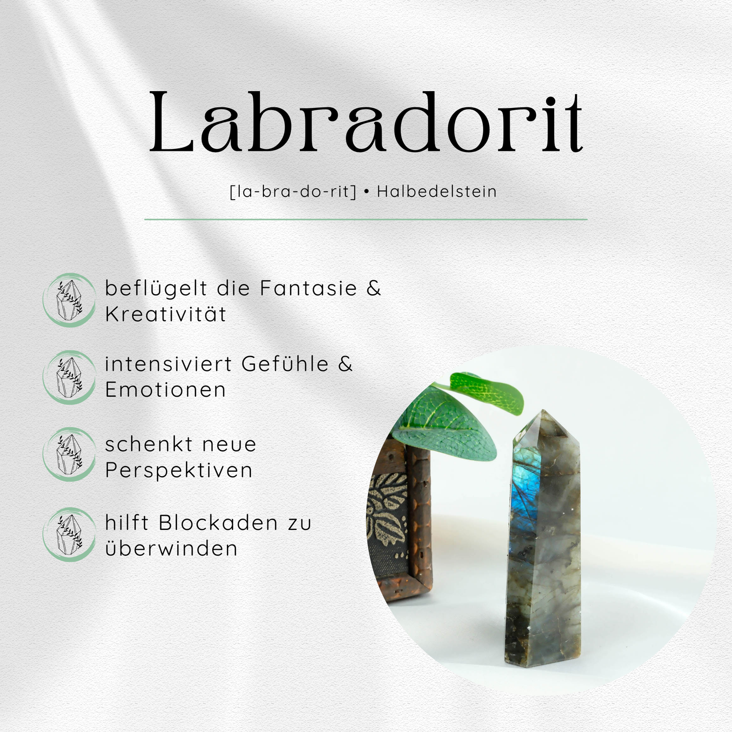 Labradorit-Stein neben Pflanzen und Symbolen, die seine Eigenschaften wie Kreativität und Emotionen beschreiben.