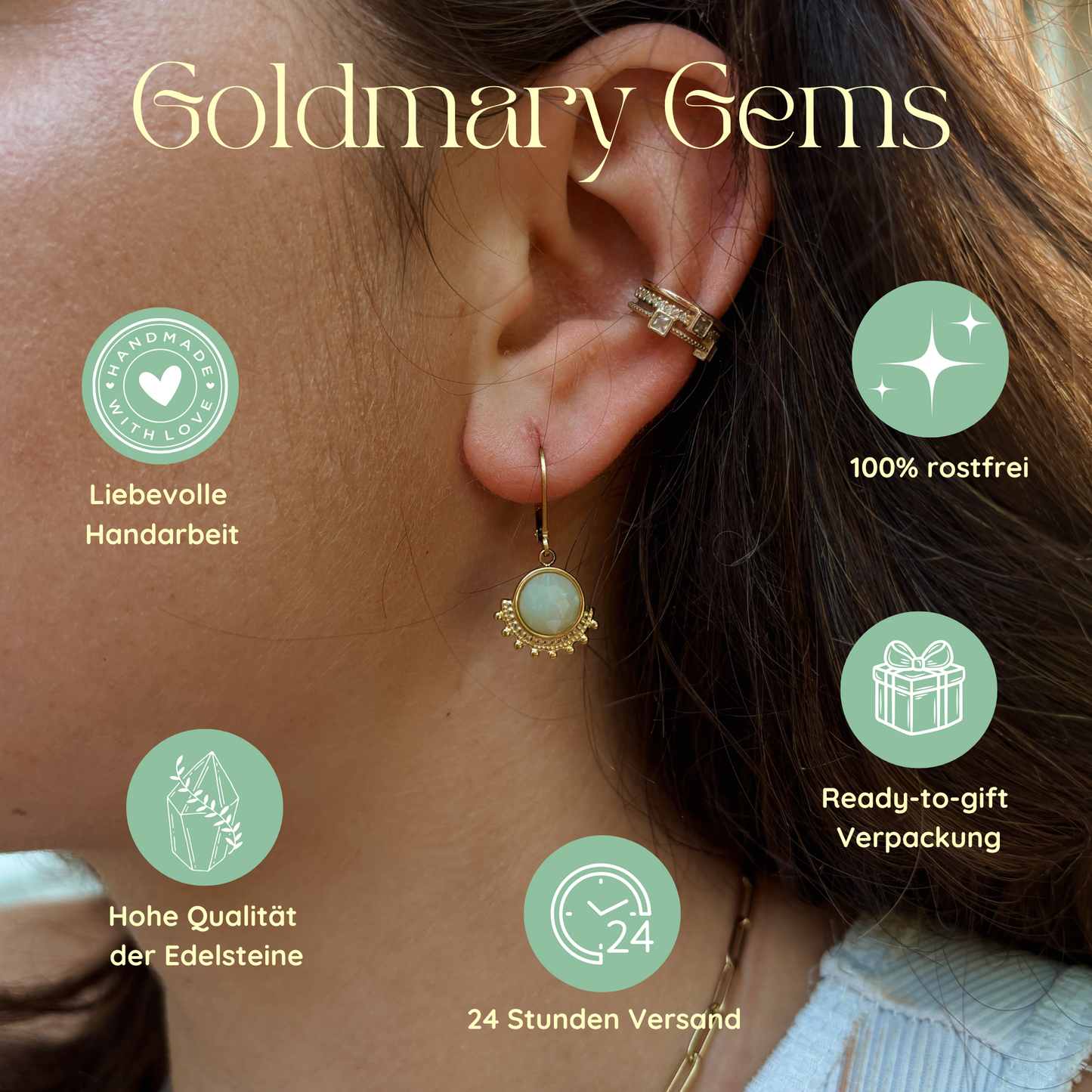 Goldmary Gems Markenübersichtsbild mit USPs: handgemachter Schmuck, natürliche Edelsteine, 24-Stunden-Versand, rostfrei, ready-to-gift Verpackung.“