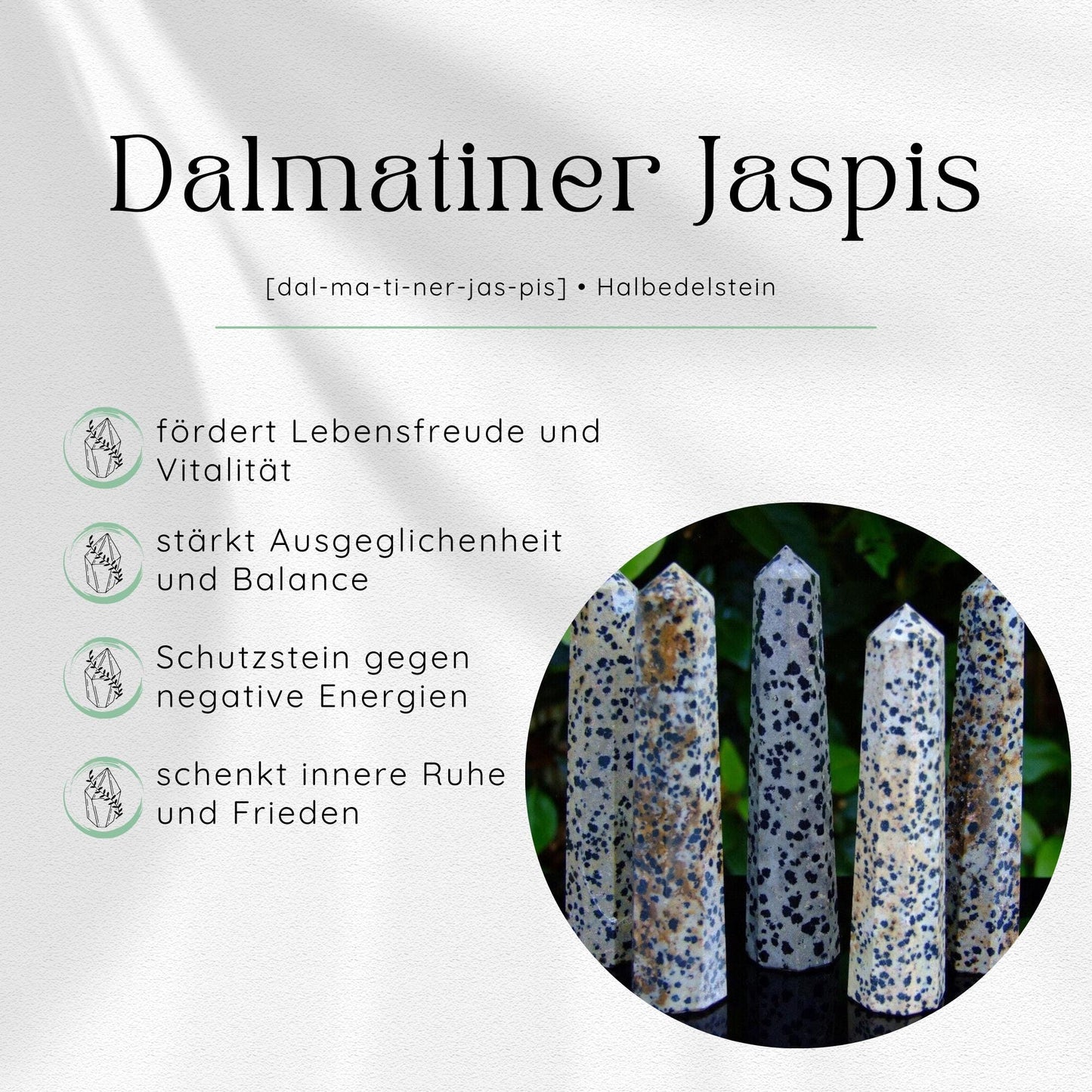 Übersichtsbild des Dalmatiner Jaspis Edelsteins mit vier wichtigsten Eigenschaften und Wirkungen.