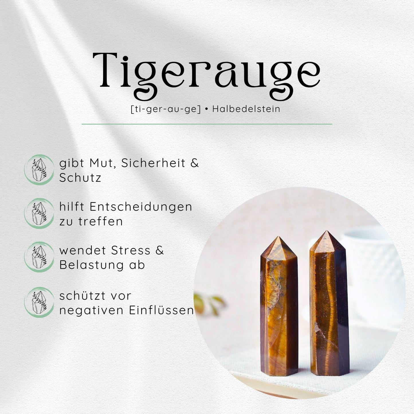 Grafik mit Beschreibung des Halbedelsteins Tigerauge, der Mut, Schutz und Entscheidungsfindung fördert.