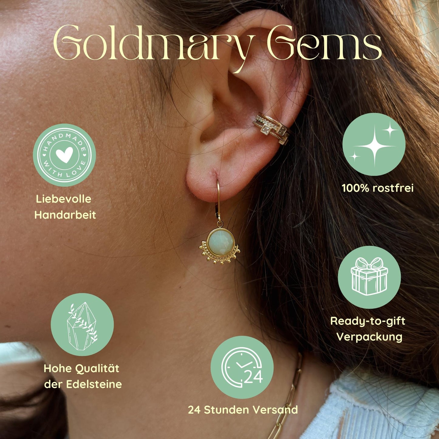 Goldmary Gems Markenübersichtsbild mit USPs: handgemachter Schmuck, natürliche Edelsteine, 24-Stunden-Versand, rostfrei, ready-to-gift Verpackung.