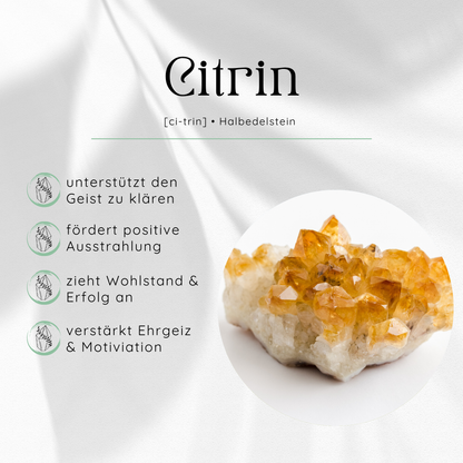 Übersichtsbild des Citrin Edelsteins mit vier wichtigsten Eigenschaften und Wirkungen.