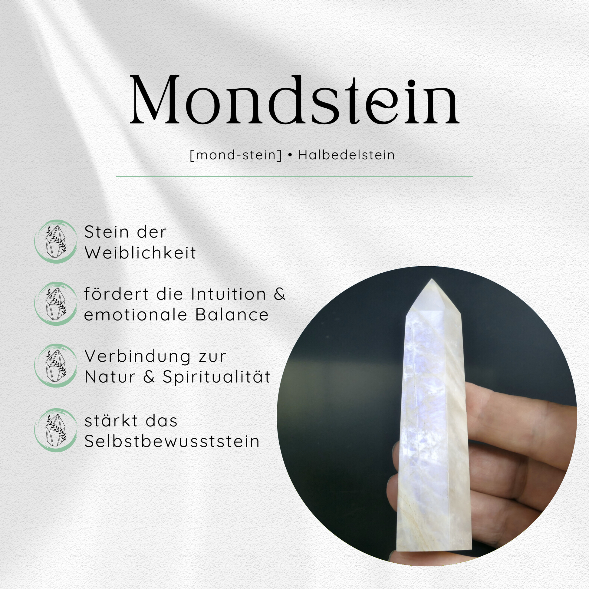 Übersichtsbild des Mondstein Edelsteins mit vier wichtigsten Eigenschaften und Wirkungen.