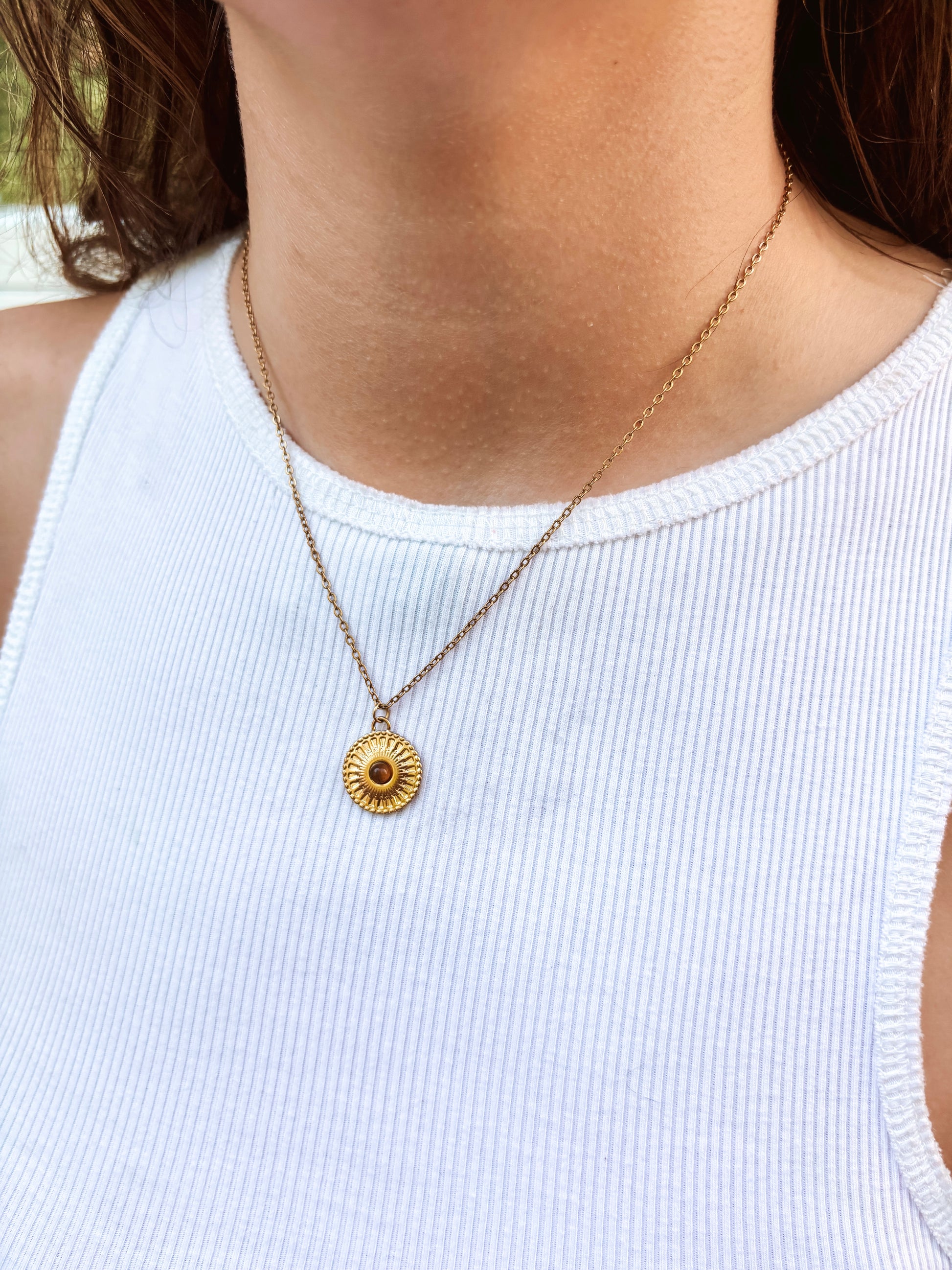 Kette mit goldenem Medaillon Anhänger mit braunem Tigerauge Stein am Hals eines Models