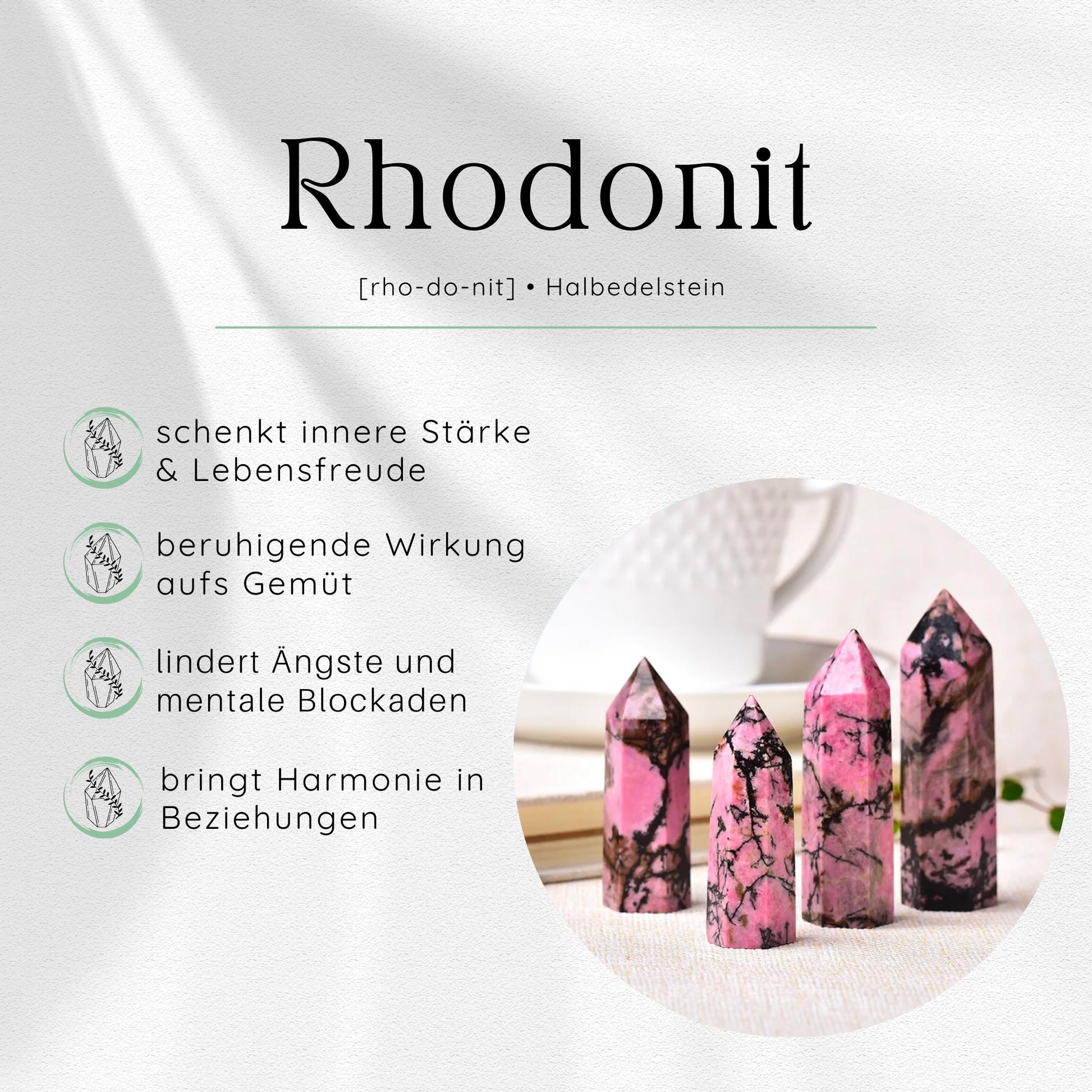 Übersichtsbild des Rhodonit Edelsteins mit vier wichtigsten Eigenschaften und Wirkungen.