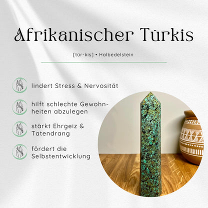 Übersichtsbild des Afrikanischen Türkis Edelsteins mit vier wichtigsten Eigenschaften und Wirkungen.