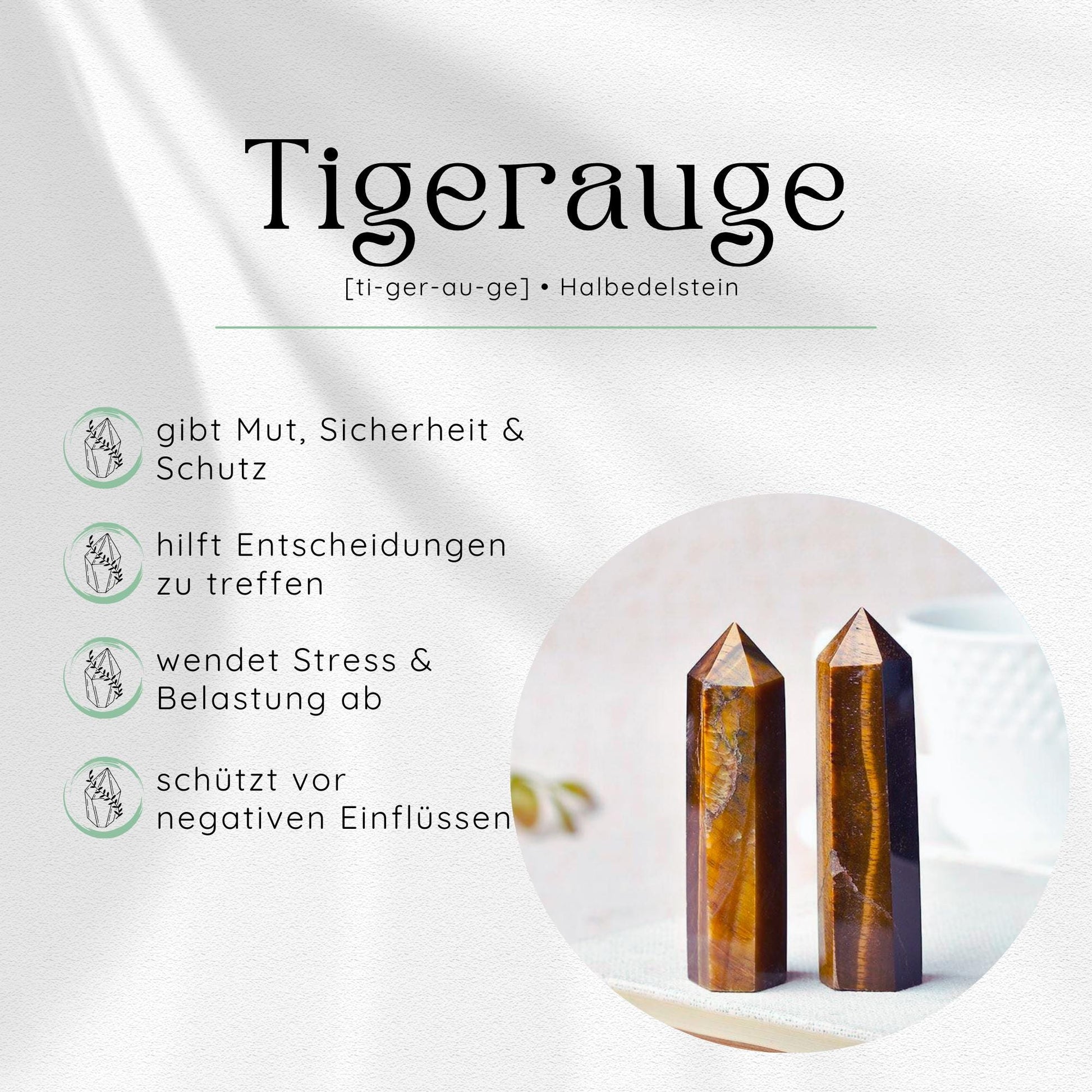 Übersichtsbild des Tigerauge Edelsteins mit vier wichtigsten Eigenschaften und Wirkungen.