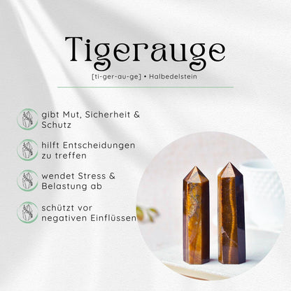 Übersichtsbild des Tigerauge Edelsteins mit vier wichtigsten Eigenschaften und Wirkungen.