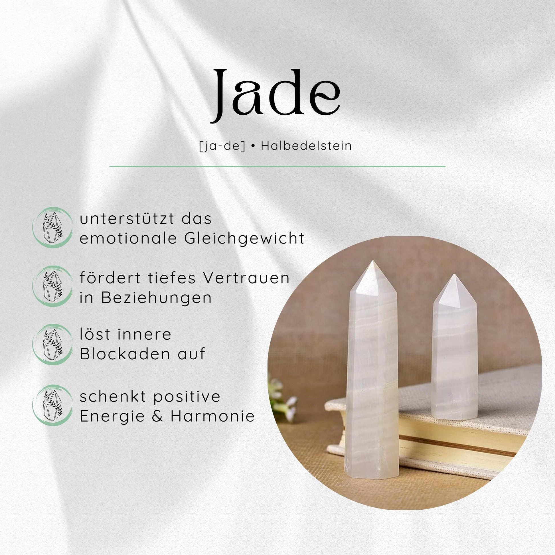 Übersichtsbild des Jade Edelsteins mit vier wichtigsten Eigenschaften und Wirkungen.