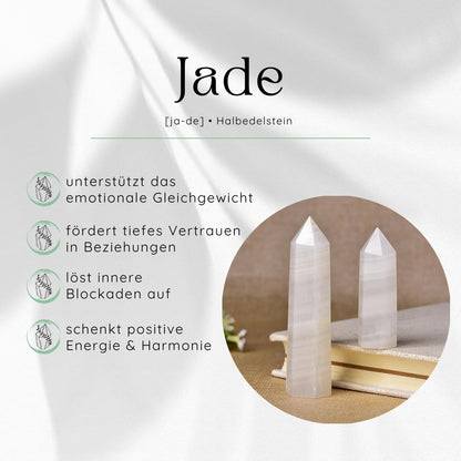 Übersichtsbild des Jade Edelsteins mit vier wichtigsten Eigenschaften und Wirkungen.