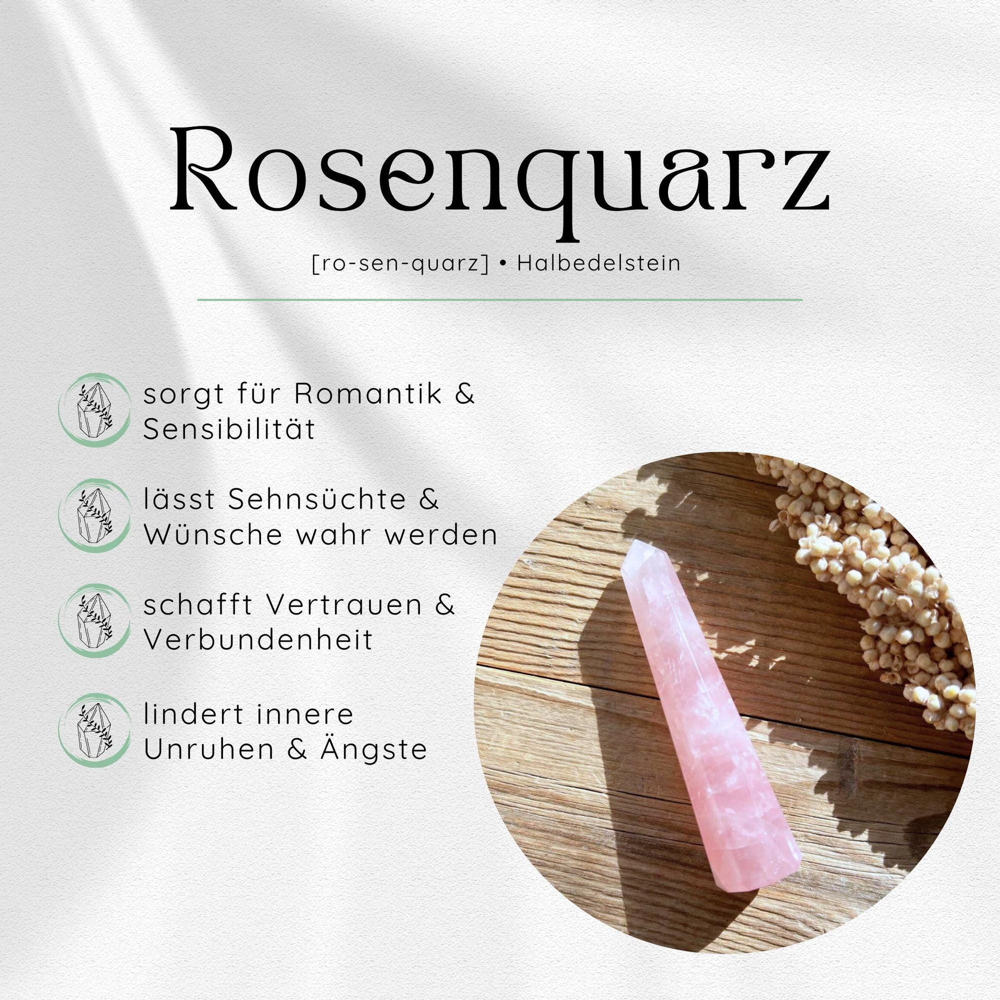 Übersichtsbild des Rosenquarz Edelsteins mit vier wichtigsten Eigenschaften und Wirkungen.