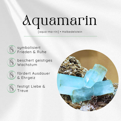 Übersichtsbild des Aquamarin Edelsteins mit vier wichtigsten Eigenschaften und Wirkungen.