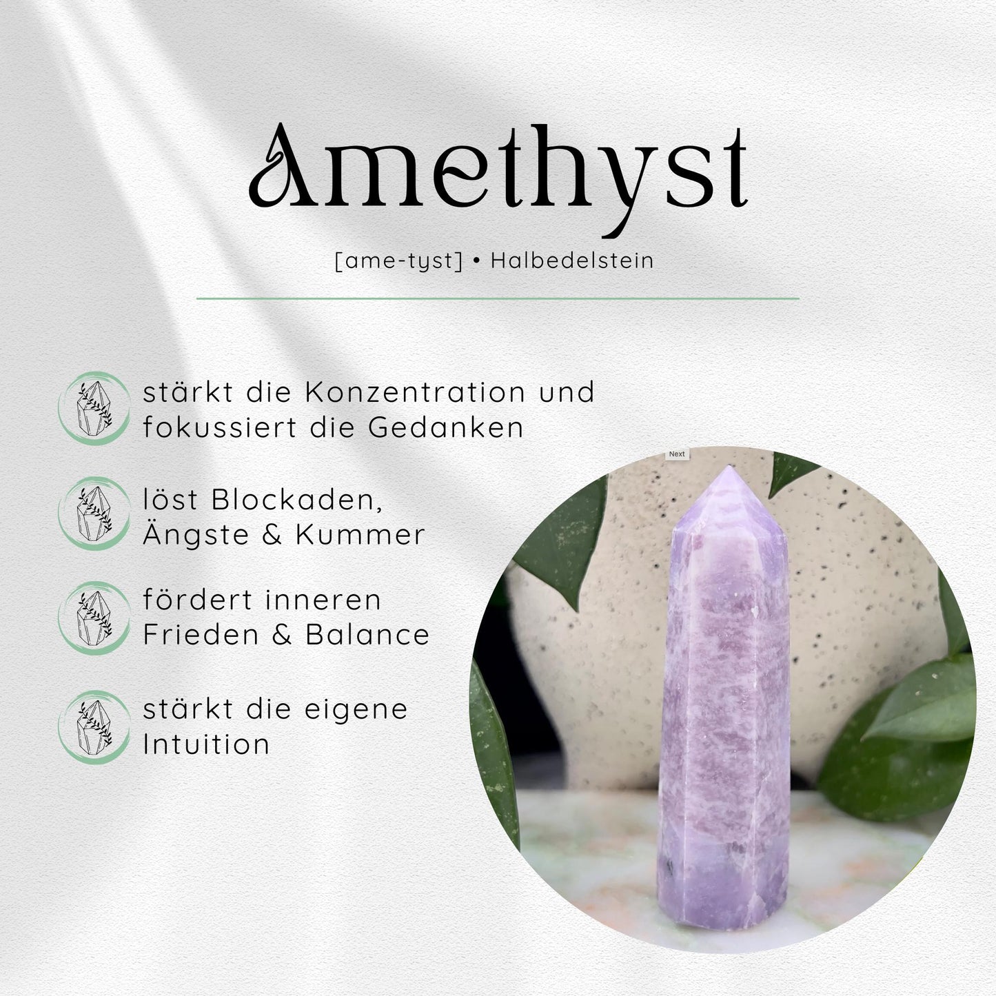 Übersichtsbild des Amethyst Edelsteins mit vier wichtigsten Eigenschaften und Wirkungen.