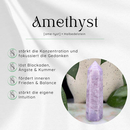 Übersichtsbild des Amethyst Edelsteins mit vier wichtigsten Eigenschaften und Wirkungen.