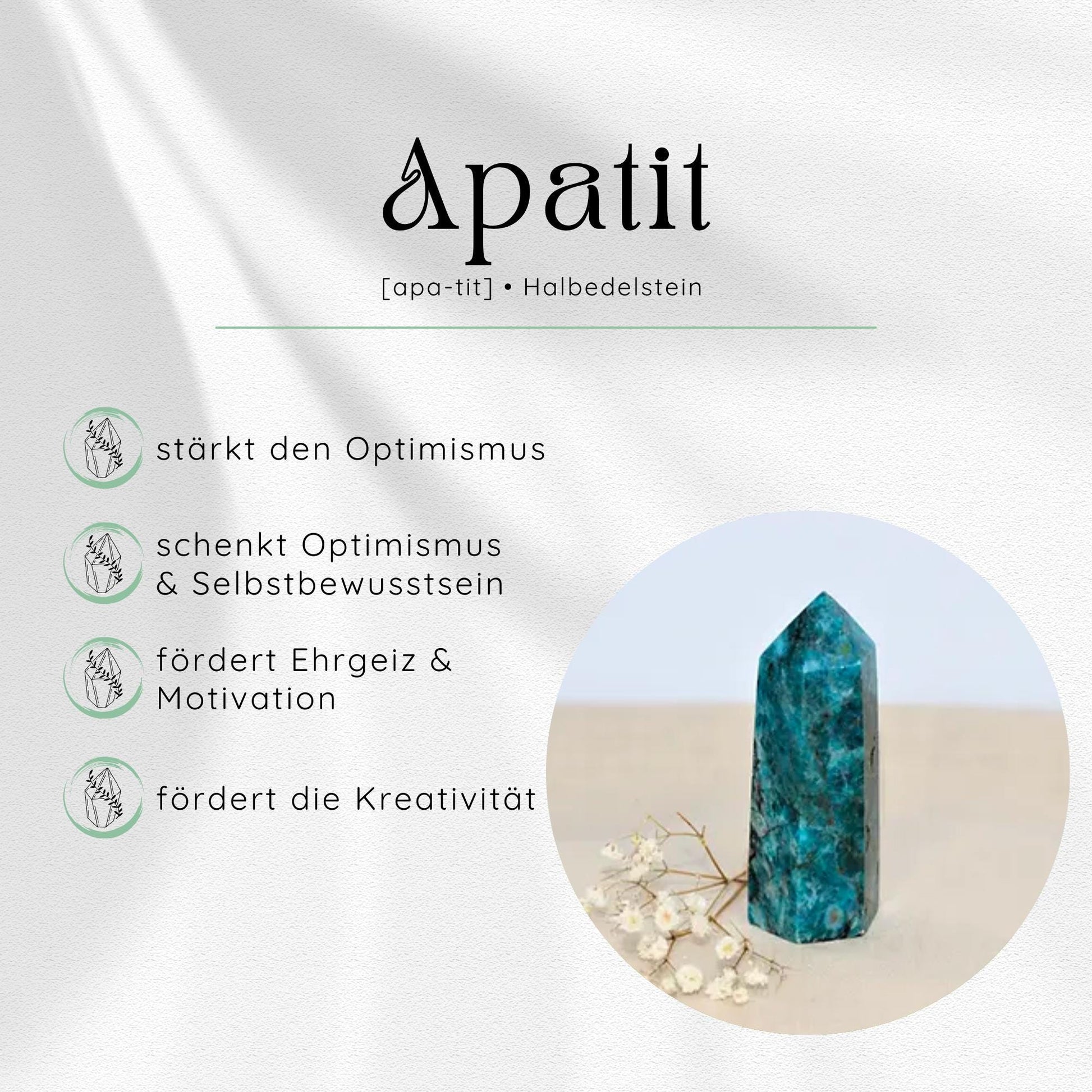 Übersichtsbild des Apatit Edelsteins mit vier wichtigsten Eigenschaften und Wirkungen.