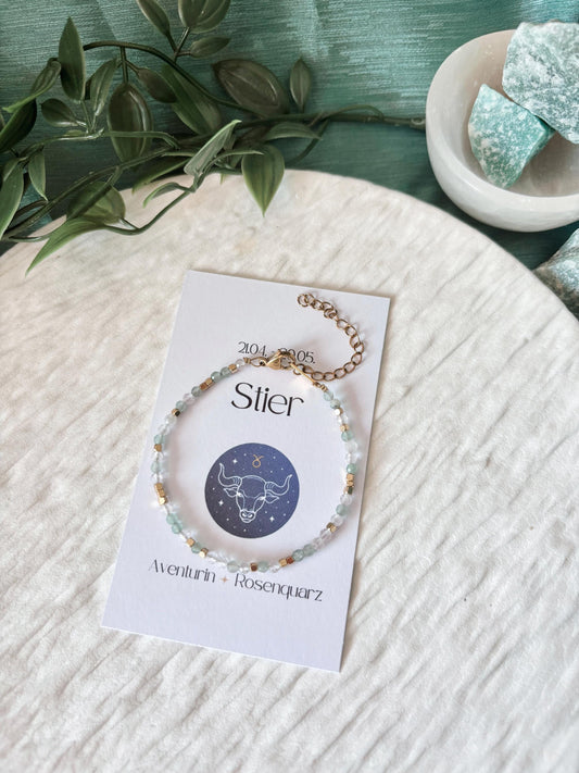 Goldenes Sternzeichen Armband Stier, Edelstein Perlenarmband Aventurin und Rosenquarz, Weiße Infokarte