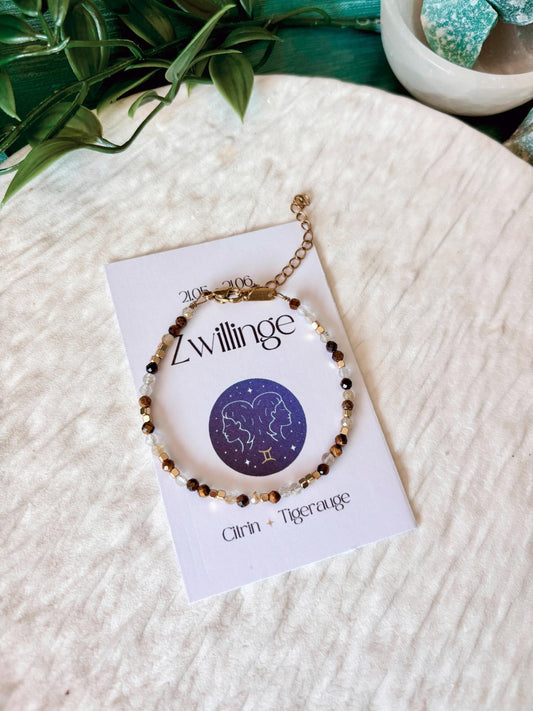 Goldenes Sternzeichen Armband Zwillinge, Edelstein Perlenarmband Tigerauge und Citrin, Weiße Infokarte